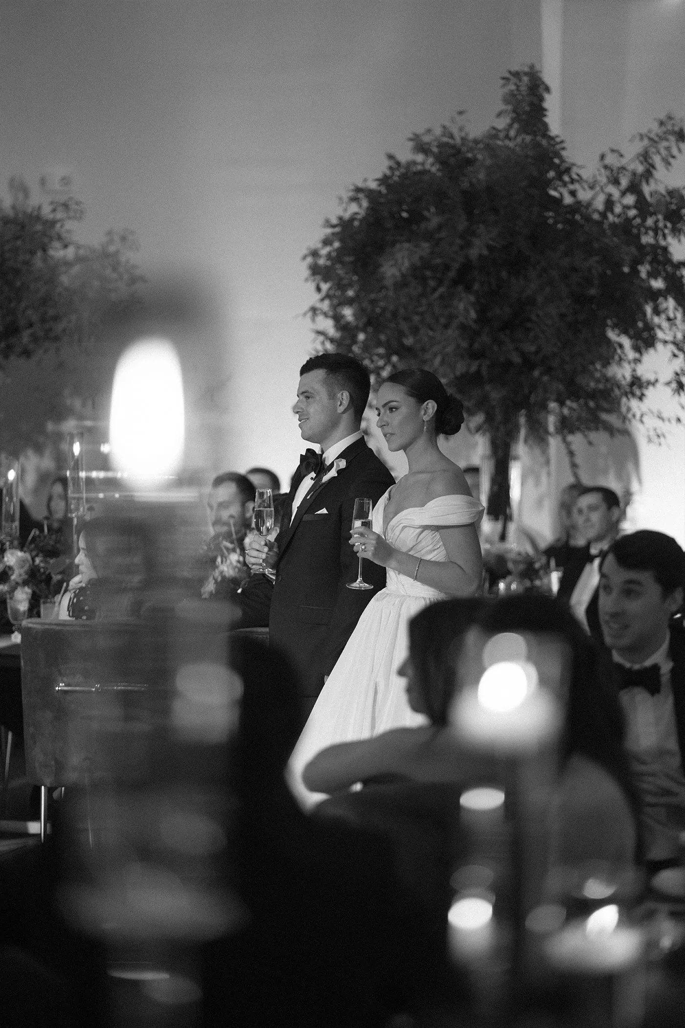 Bride and groom standing with champagne flutes during toasts at a reception