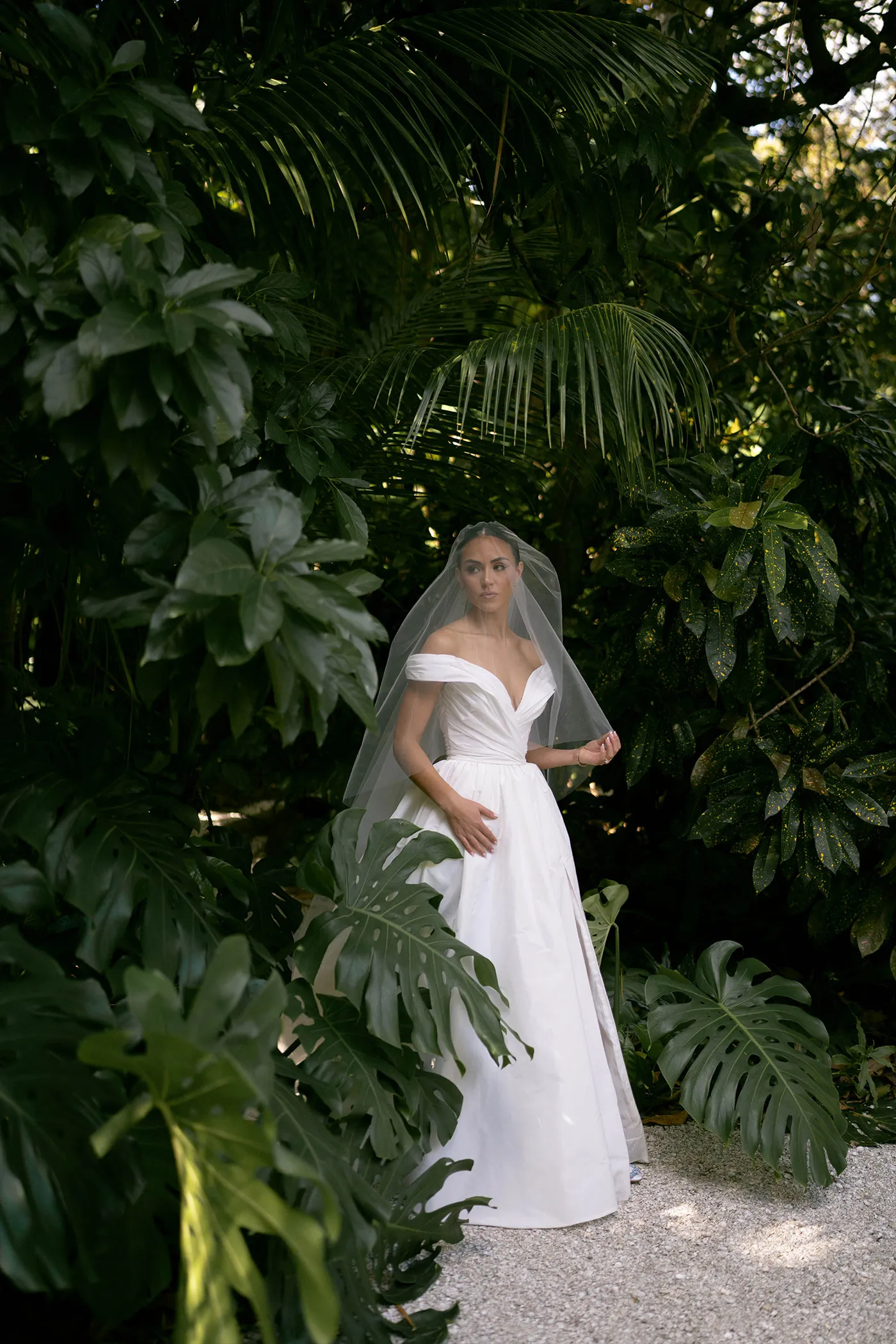 Bride in a veil and off-shoulder gown on a gravel path framed by monstera and palms