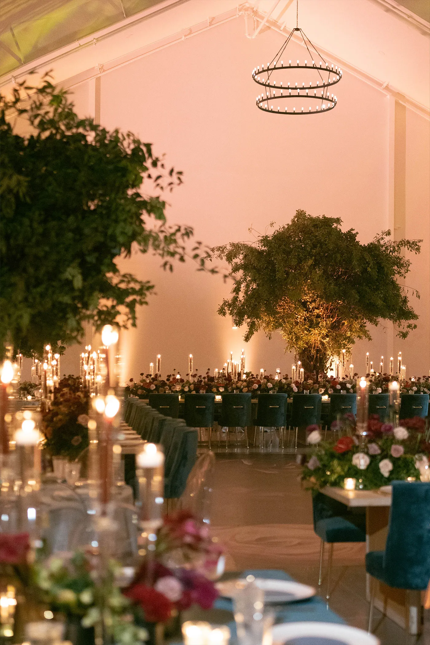 Candlelit tent reception with long tables, teal velvet chairs and hanging greenery