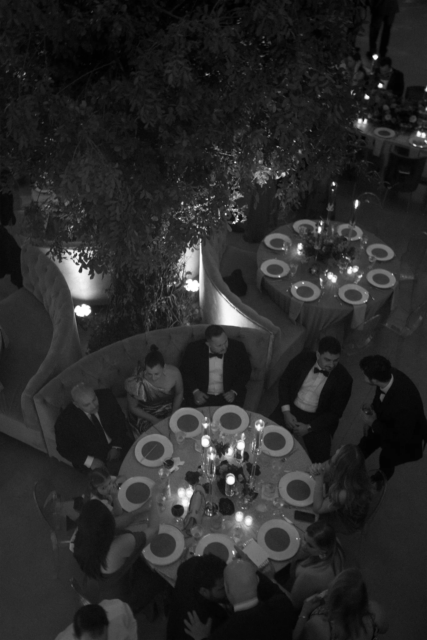 Overhead view of guests at candlelit round reception tables under a tree at night