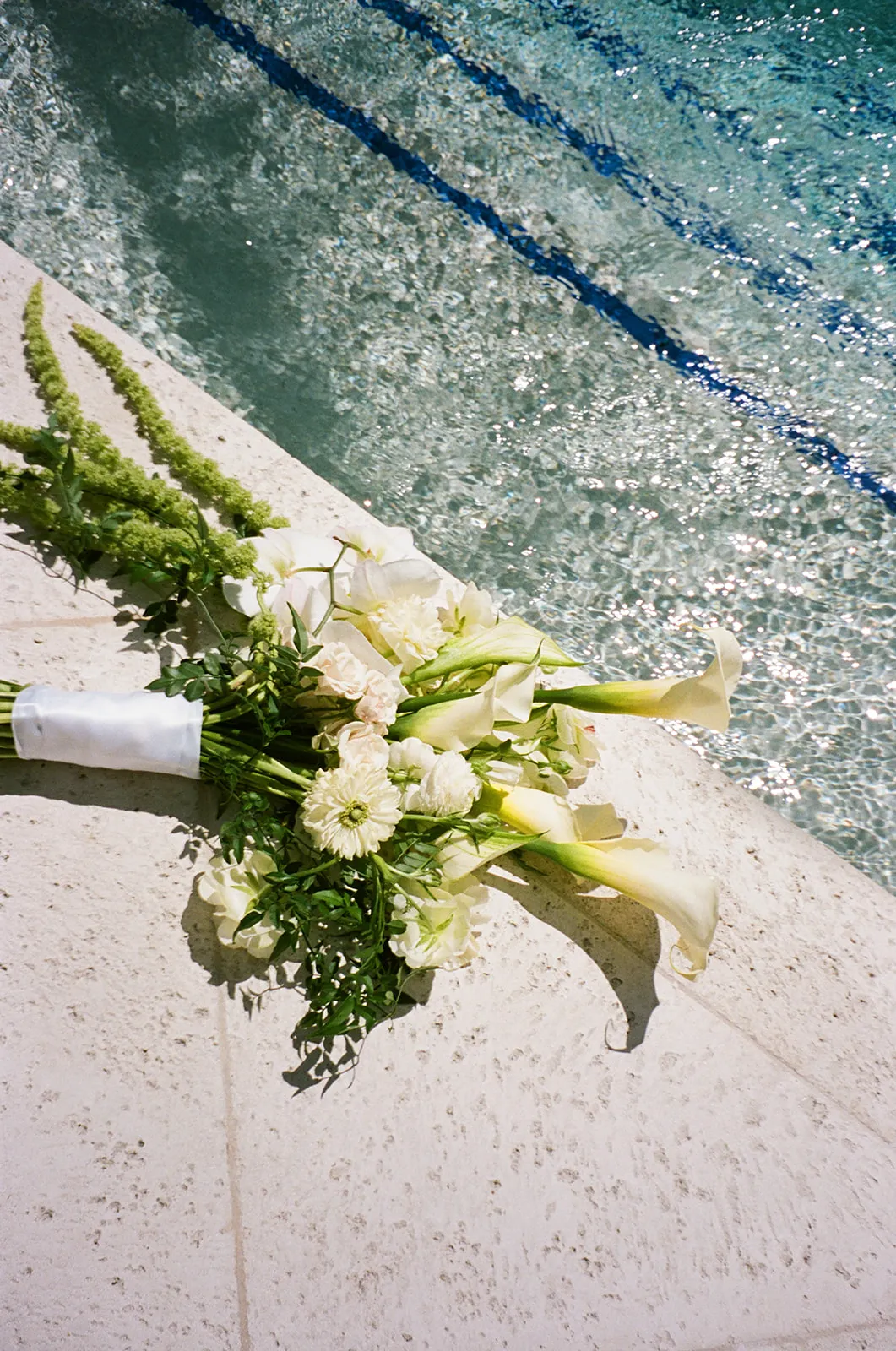 White calla lily bouquet resting on a sunlit pool edge